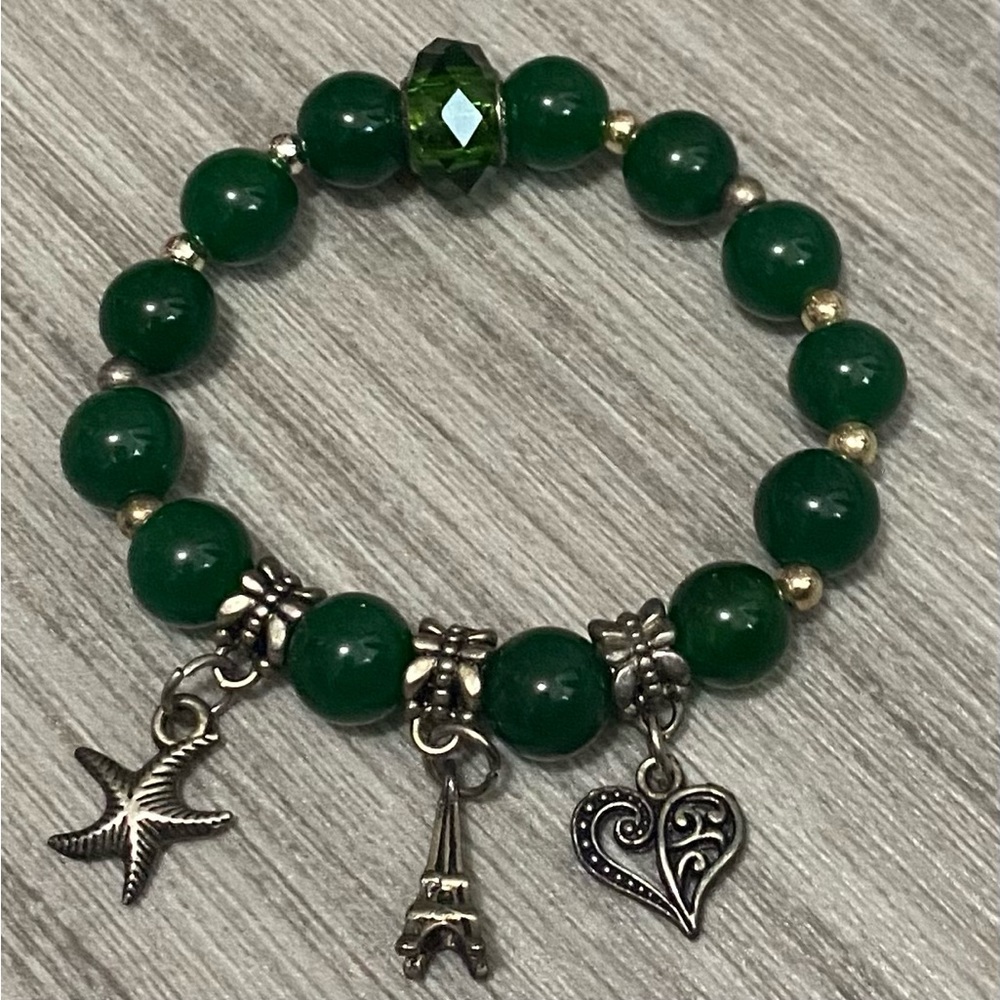 Jade Bracelet with Filigree Heart, Eiffel Tower and Starfish Charm.